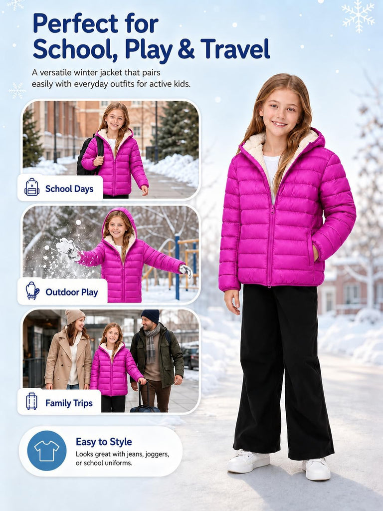 Girls Hooded Winter Coats Sherpa Fleece Lined Puffer Jacket