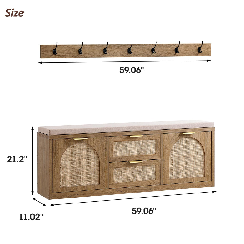 Rattan Narrow Entryway Bench with Shoe Storage, 4 Drawers & Coat Rack, Mid-Century Modern Wood Shoe Cabinet with Seat