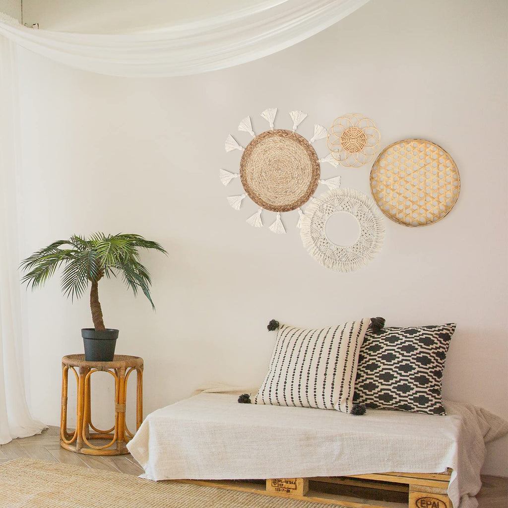 4 Pcs Boho Wall Basket Decor Set, Woven Rattan Wicker Bamboo