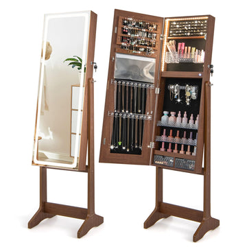 LED Mirror Jewelry Cabinet, Lockable Jewelry Armoire, Walnut