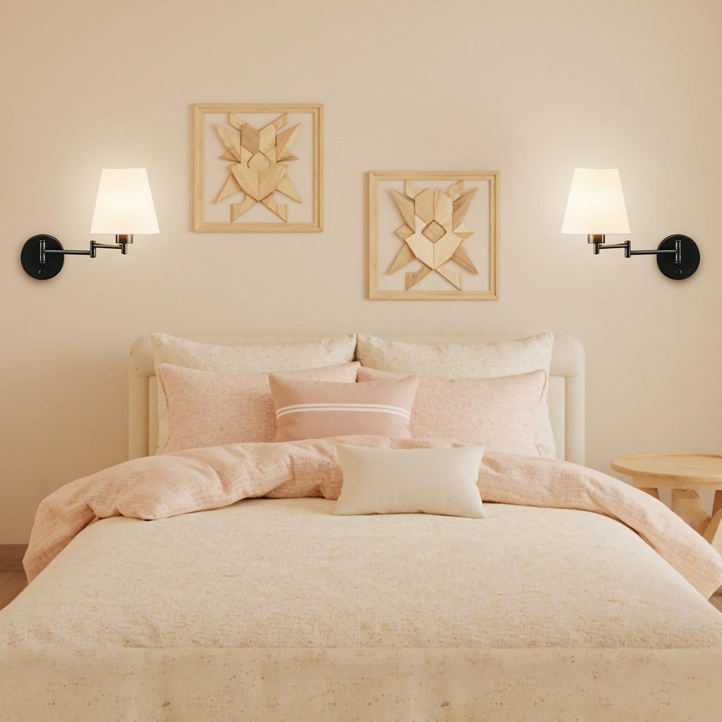 Wall Sconce Set of 2, Plug in & Swing Arm Wall Lamps, Black Finish