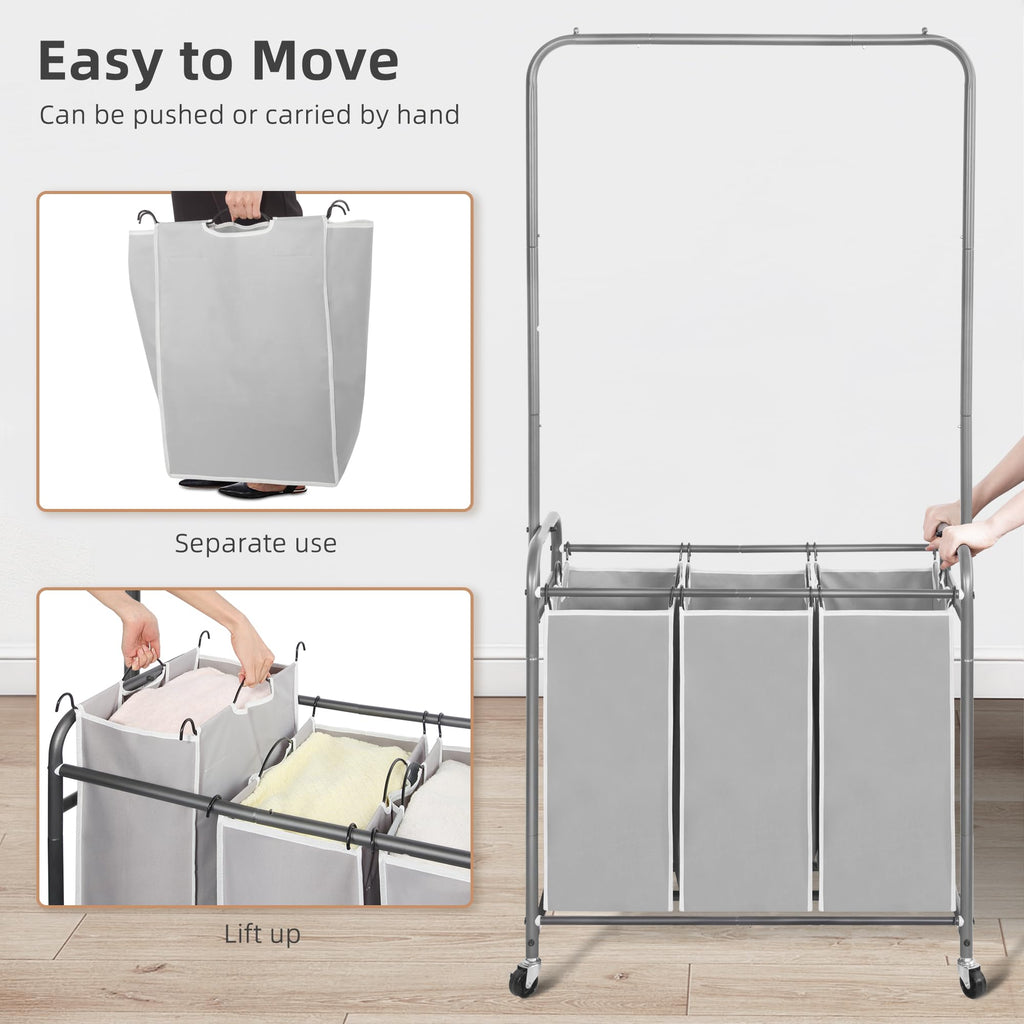 Laundry Sorter with Hanging Bar, Portable, Removable Laundry Hamper Cart with Heavy Duty Rolling Lockable Wheels