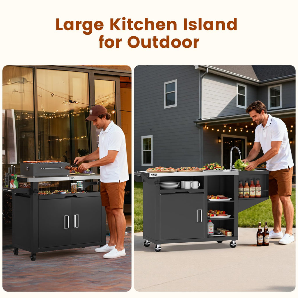 Outdoor Grill Cart on Wheel, Pizza Oven Table with Sink & Storage, 20"x42" Stainless Steel Prep Table Kitchen Island