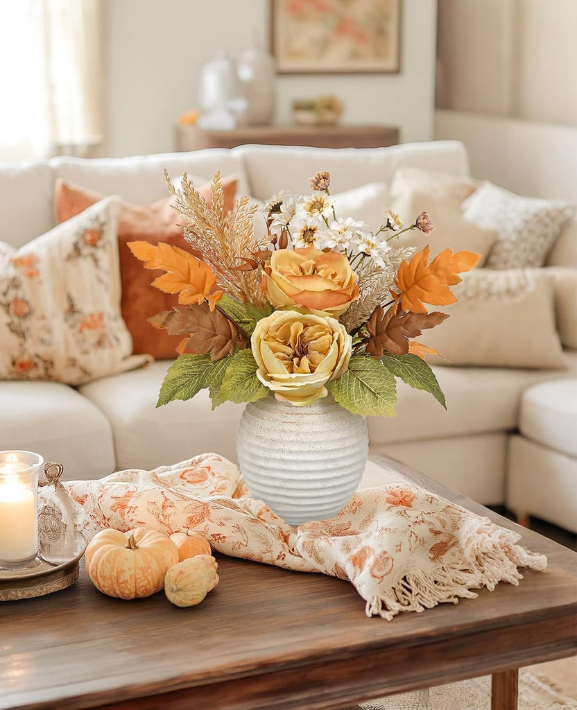 Artificial Fall Floral Centerpiece with Vase, Fake Flowers for Autumn Table Decorations, Silk Rose & Maple Leaves