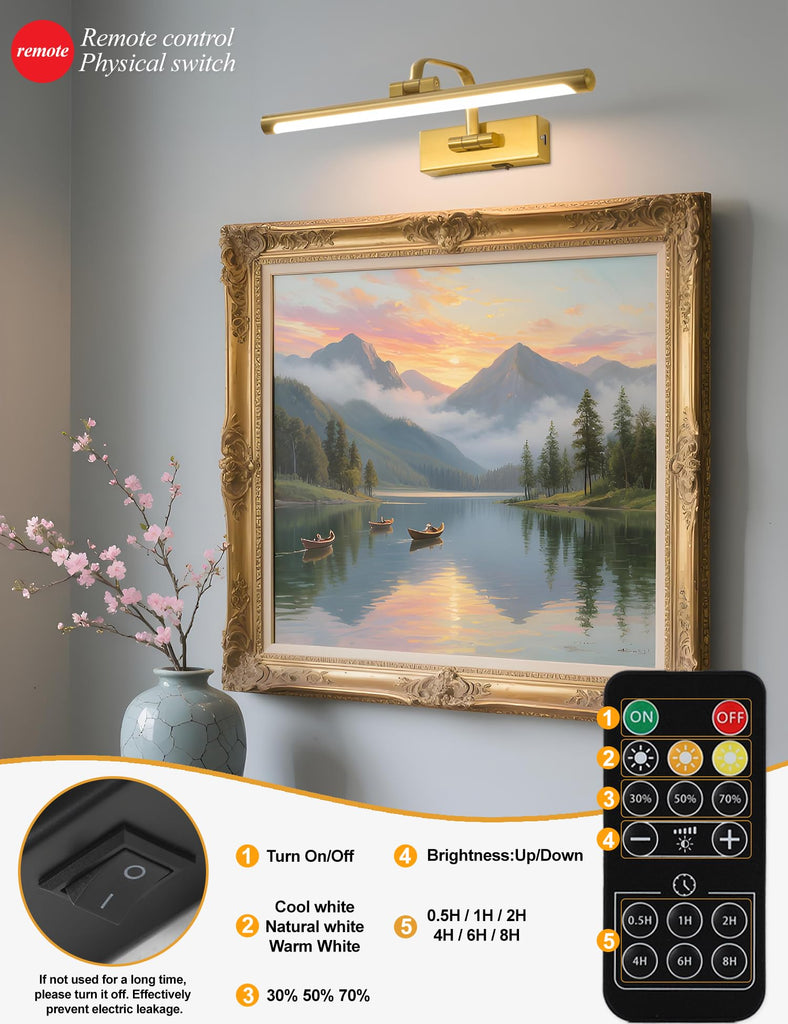 Wireless Picture Light for Wall, Rechargeable Light for Pictures with Remote & Timer, 16 Inch Dimmable Gold Art Light