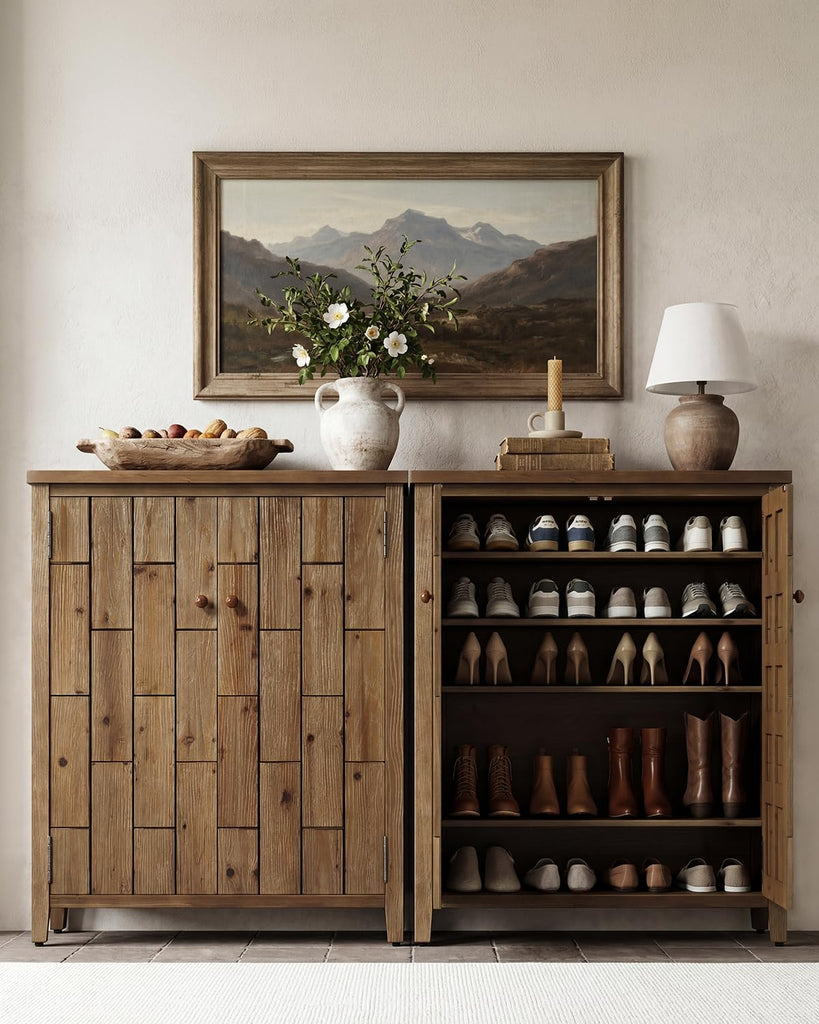Solid Wood Shoe Cabinet with Doors, 6-Tier Tall Shoe Cabinet, Farmhouse Freestanding Shoe Storage with Adjustable