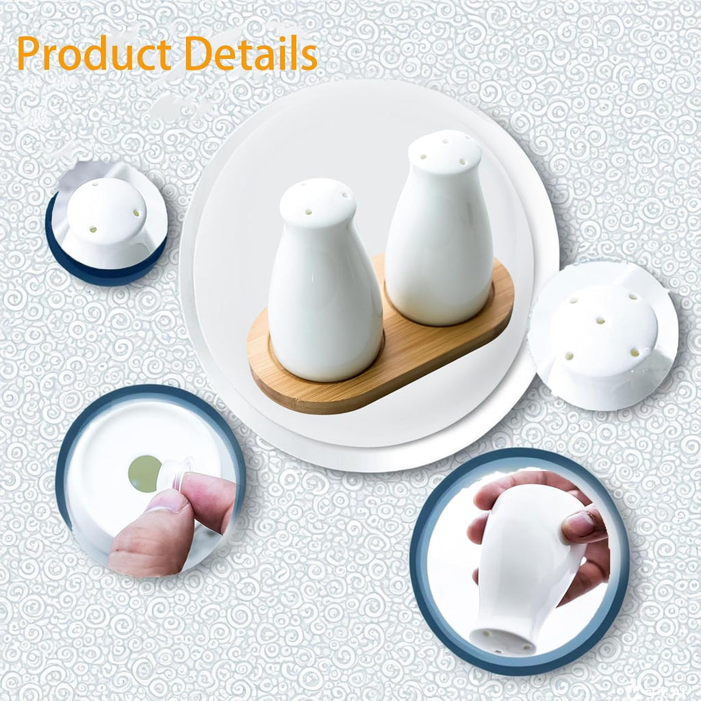 Ceramic Salt and Pepper Shakers Set with a Bamboo Tray,Farmhouse White Salt Shaker for Cooking,Travel,BBQ, Kitchen - Set of 2