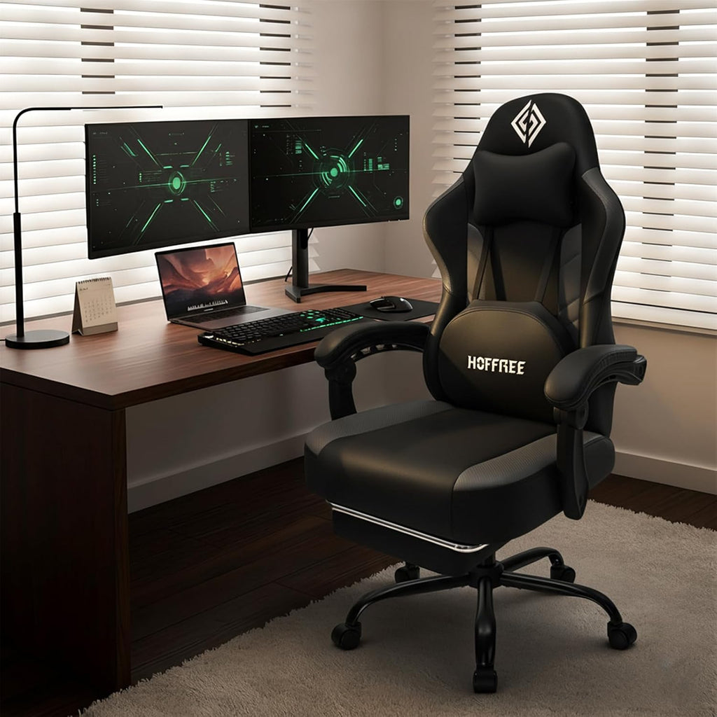 Gaming Chair with Shiatsu Kneading Massage Heated Computer Desk Chair Black | 155° Recliner with Footrest;Height