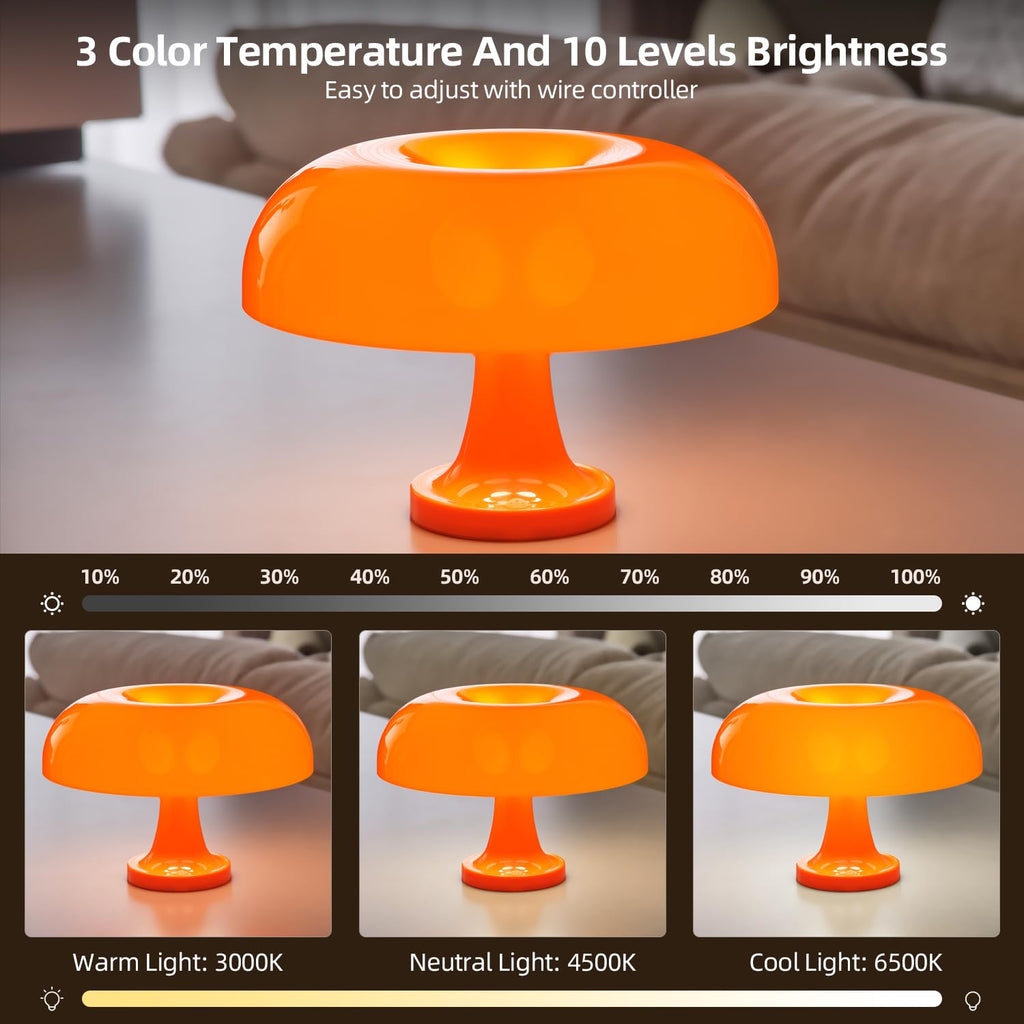 Cordless Mushroom Table Lamp, Rechargeable Orange Bedside Lamp with Touch Control and 3 Color Stepless Dimming