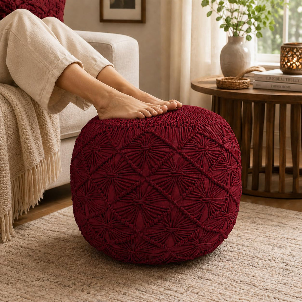 Macrame Pouf Ottoman 20x20x14 Red Handwoven Dori Footrest Stool
