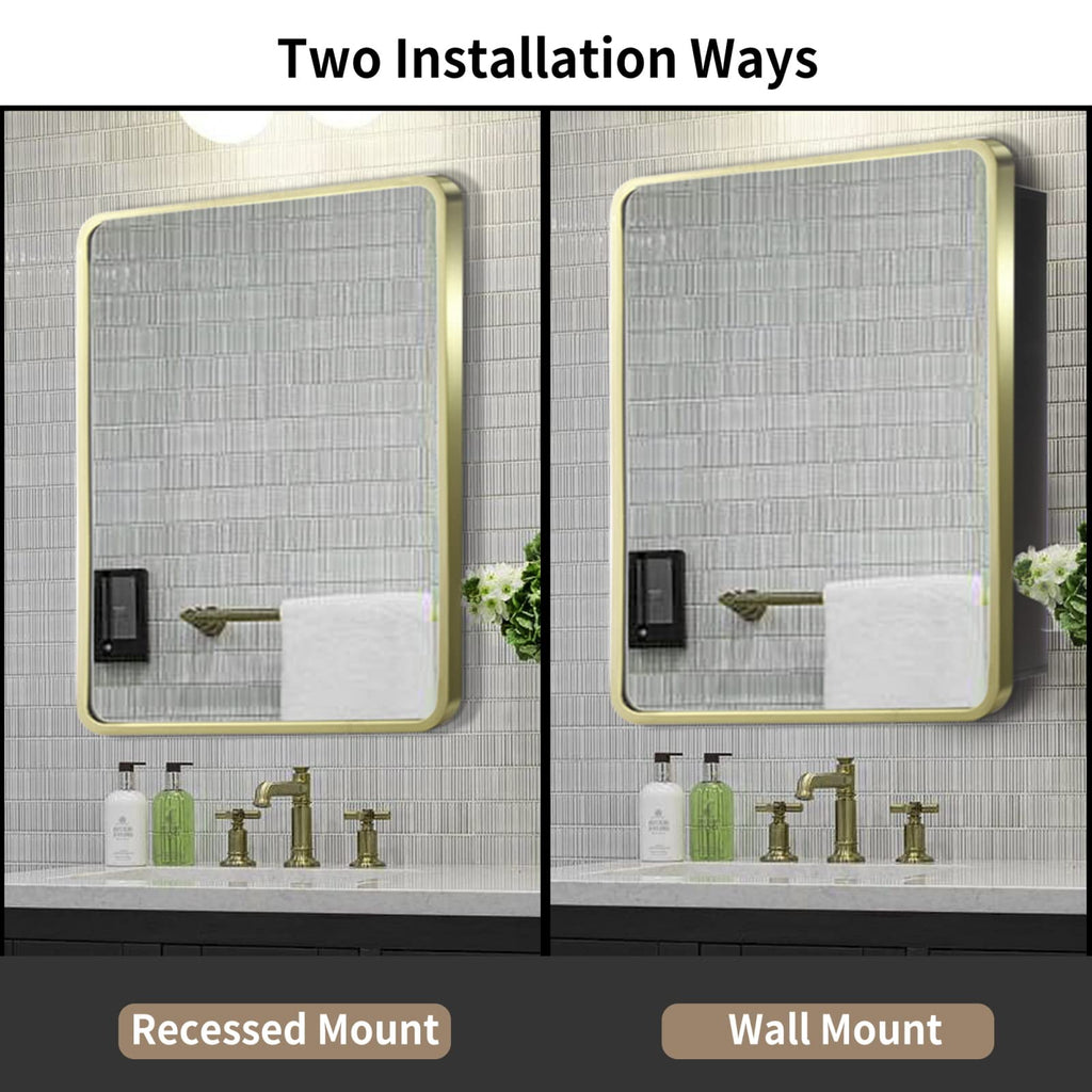 Mirror Medicine Cabinet 20 Inch x 28 Inch Gold Metal Framed Bathroom Medicine Cabinet with Mirror Rectangle Recess or
