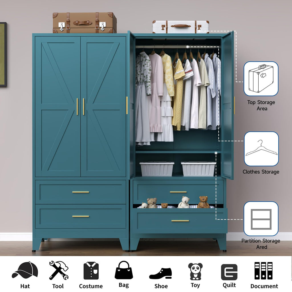 Steel Armoire Wardrobe Closet, 71" Metal Clothing Storage Cabinets with 2 Doors, 2 Drawers and 1 Adjustable Shelf