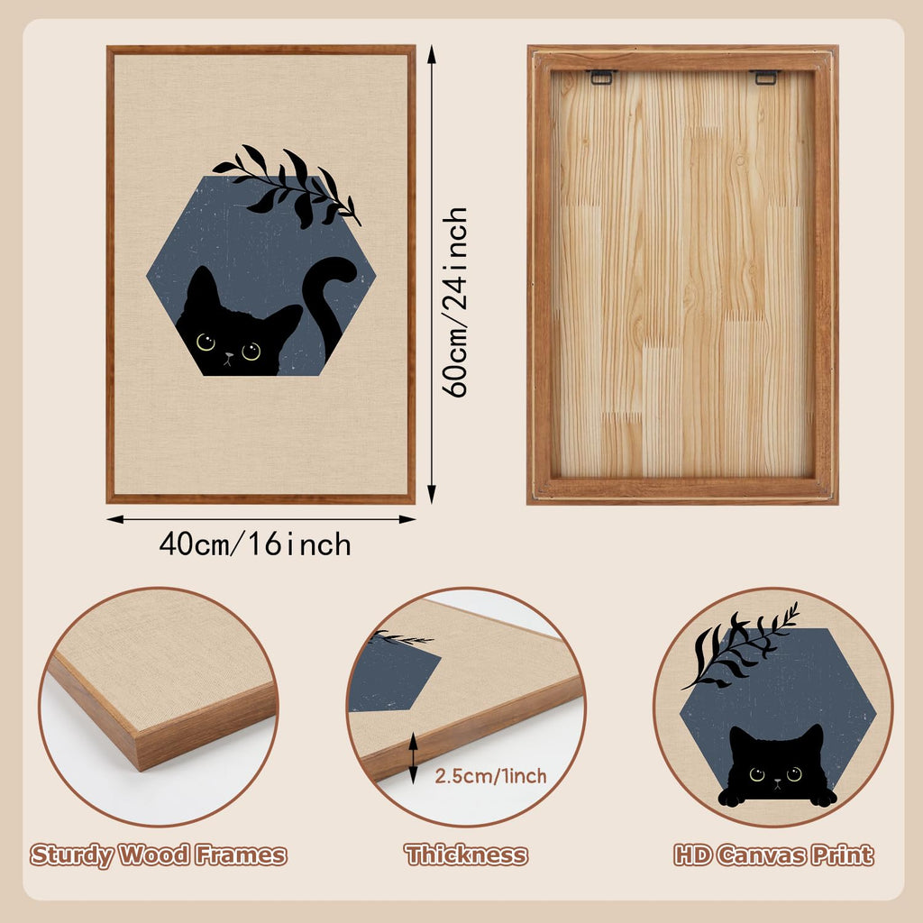 Boho Black Cat Framed Canvas Wall Art, Abstract Cute Animal Wall Decor, Modern Funny Kitty Painting, Beige Dark Leaves