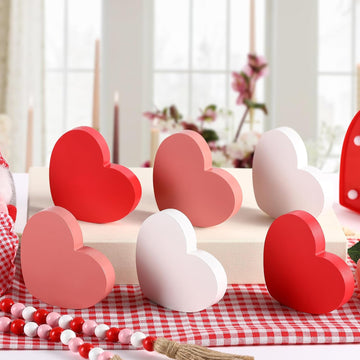 Valentines Decorations Wooden Heart Sign Classic White Pink Red Decor Shelf Mantel Fireplace Table Windowsill - Set of 6