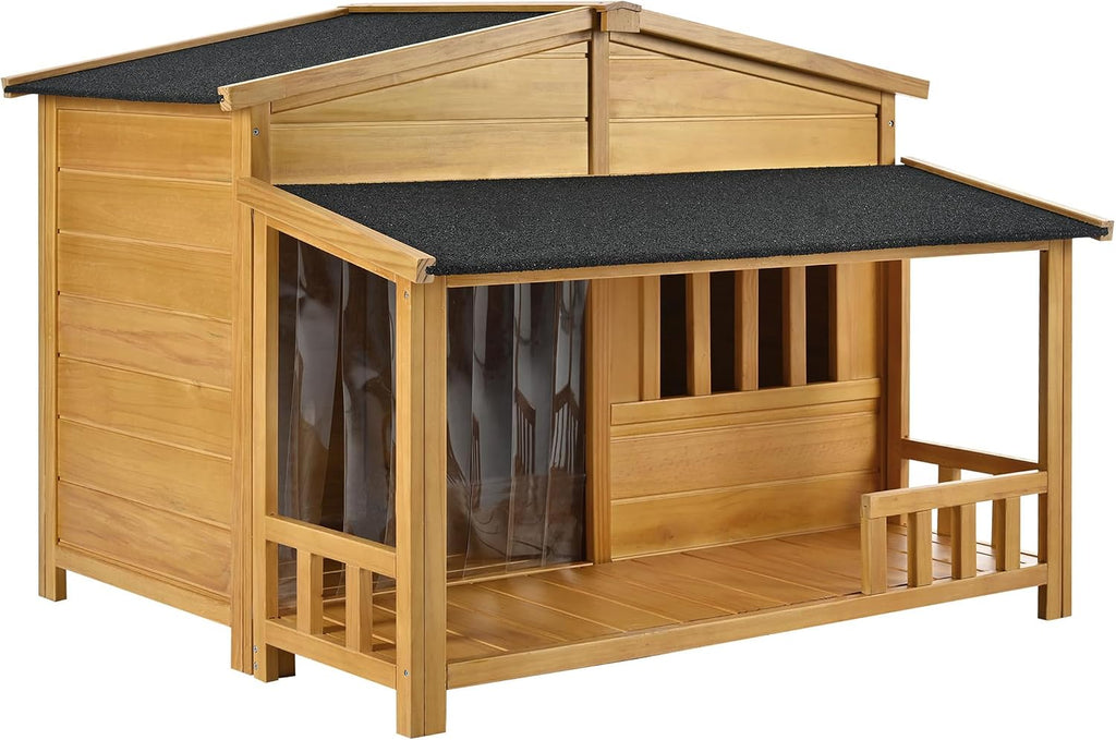47.2" Medium Size Wooden Dog House with Porch Removable Door Curtain Pet Kennel Cabin Style Raised Dog Shelter