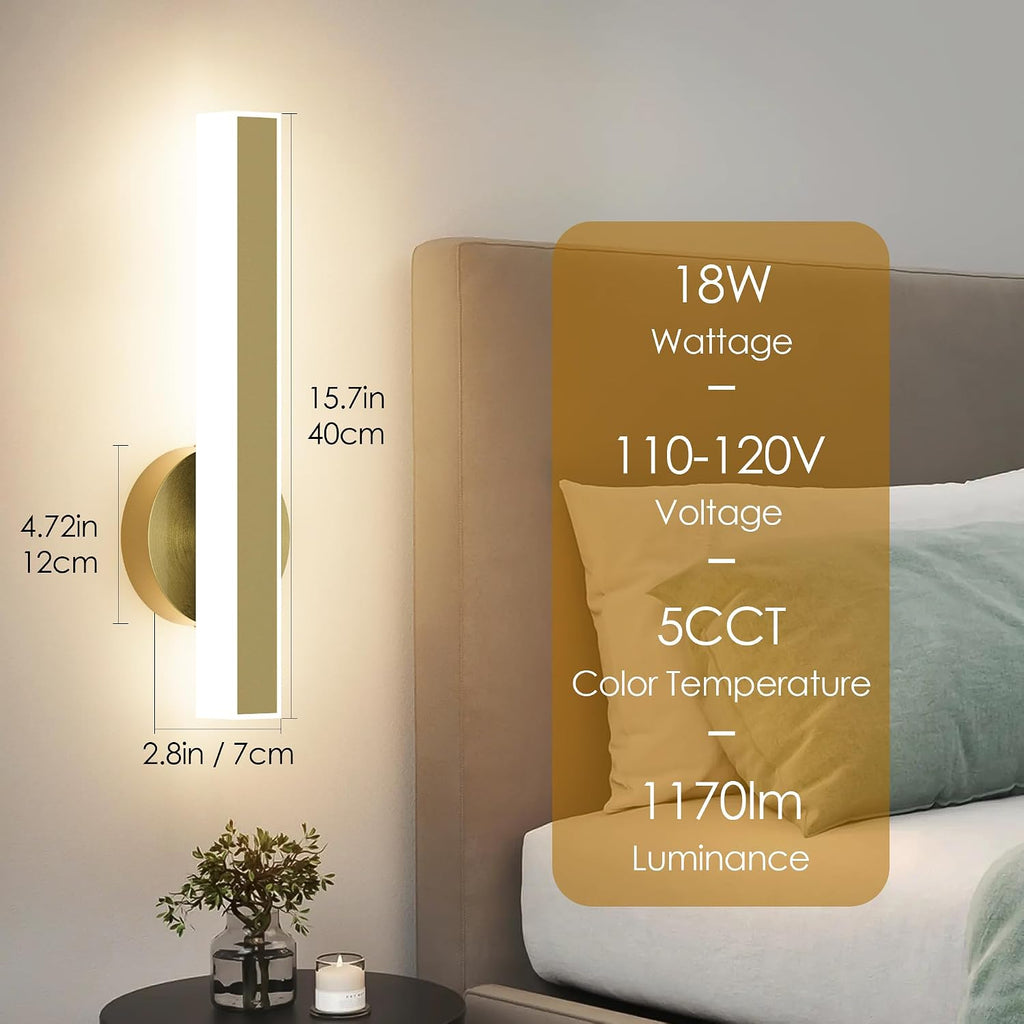 Gold Wall Sconce Hardwired Modern LED 18W Wall Sconce Set of Two, 15.7Inches Wall Lights for Living Room Bedroom