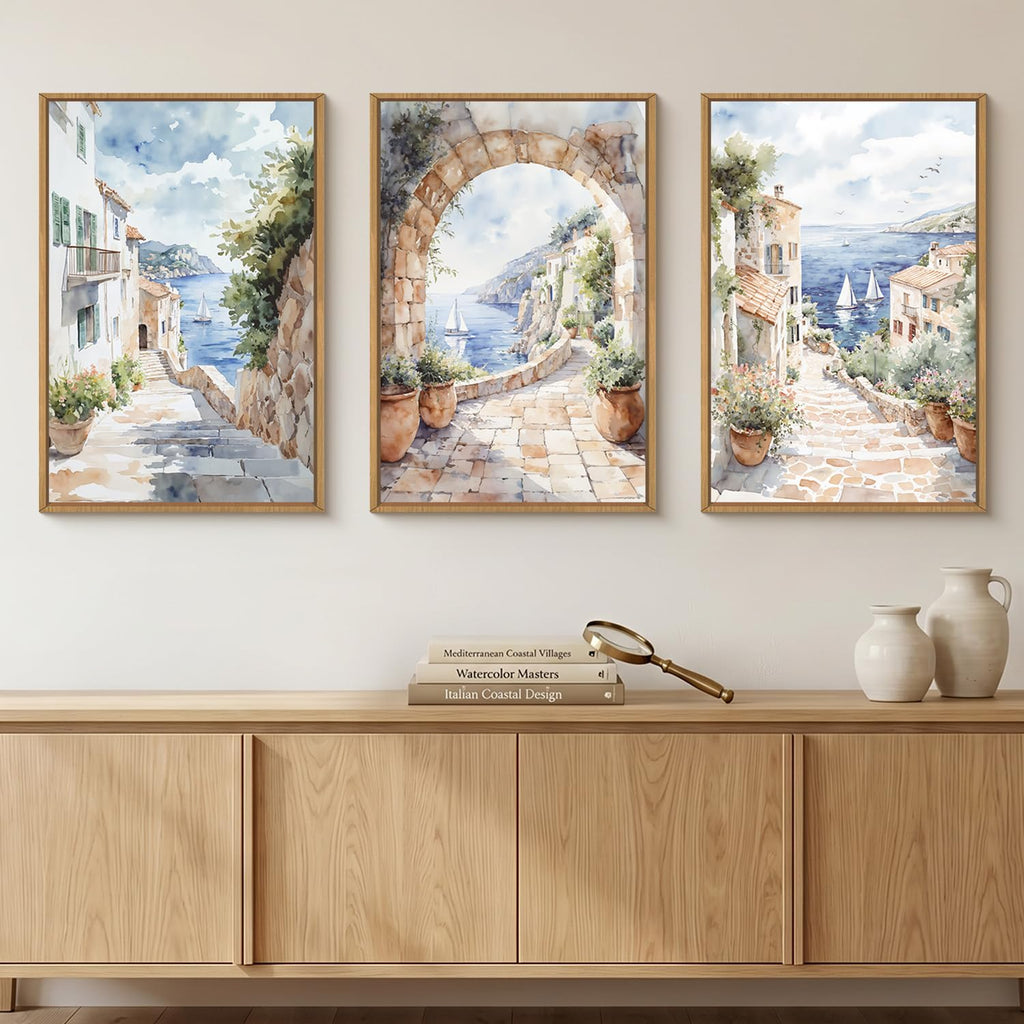 Watercolor Italy Coast Framed Canvas Wall Art, Modern Europe Countryside Wall Decor, Seascape Painting, Neutral
