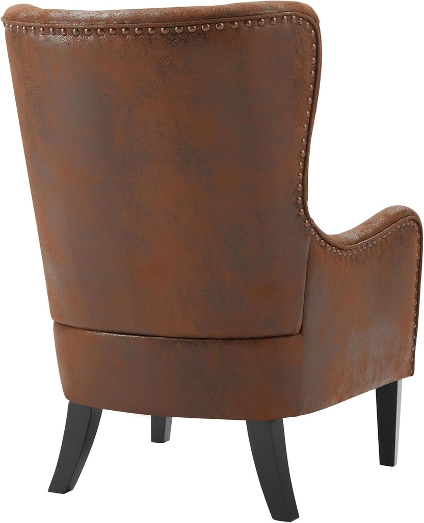 Elber Mid-Century Modern Wingback Accent Chair, Faux Suede Upholstered Club Chair with Cushion, Wooden Living Room