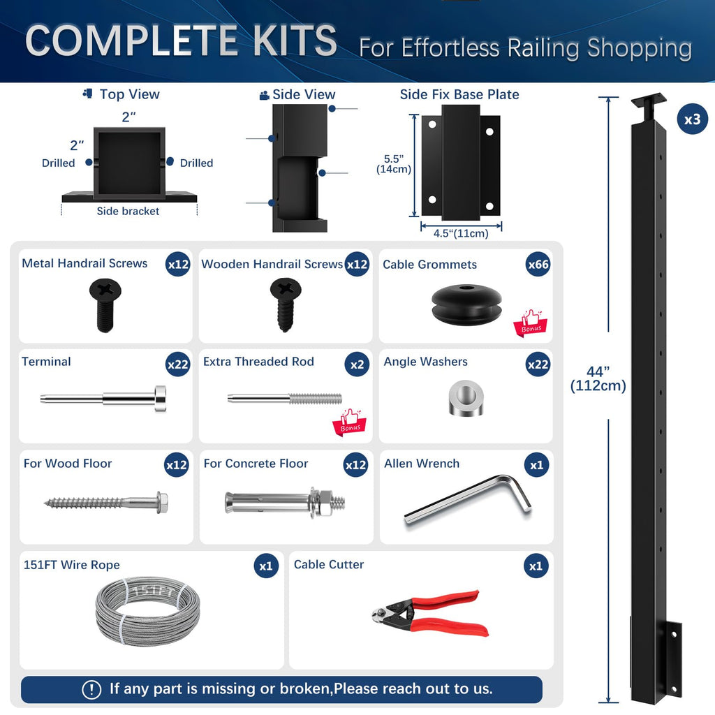 3 Pack One-Stop Side Mount Stair Cable Railing Post Kits 44" for 36"/42" Railing System, Left Side Stair Post Kit