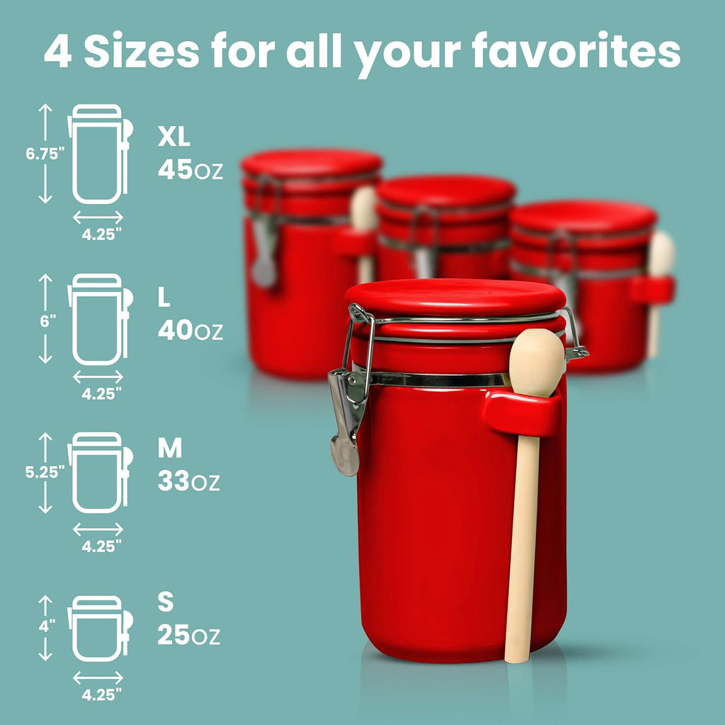 Smell Proof 4-Piece Ceramic Kitchen Canisters Set, Airtight Containers with Wooden Spoons Reusable Chalk Labels - Set of 4