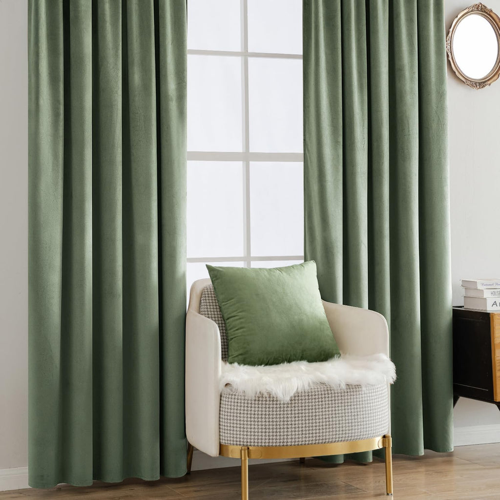 Sage Green Velvet Curtains 96 inches Long - Luxury Blackout Curtains for Bedroom Living Room Thermal Insulated Super