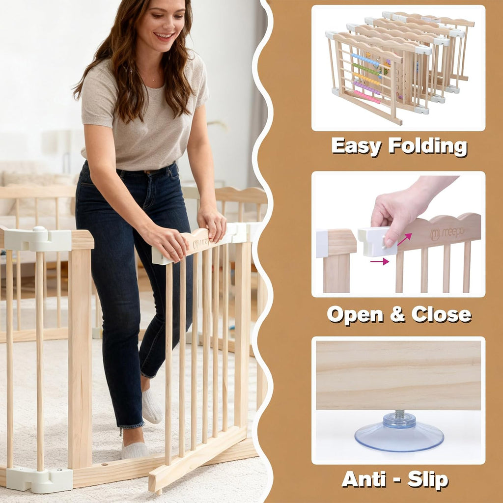 Foldable Wooden Baby Playpen, Adjustable Safety Playpen, 86x57x25in | Adjustable Shape & Size with 2-Pack Storage