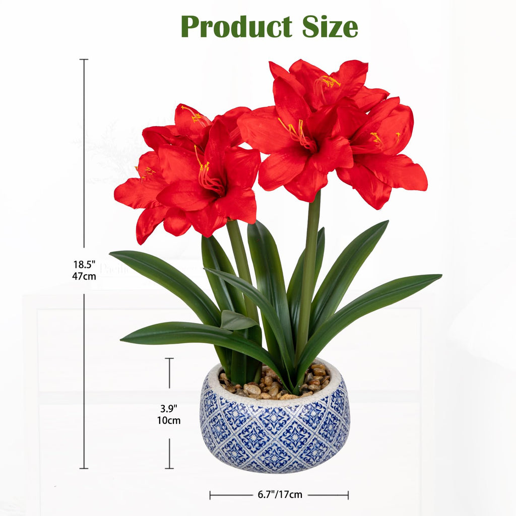 Red Artificial Amaryllis in Blue and White Ceramic Pot, 18.5 in