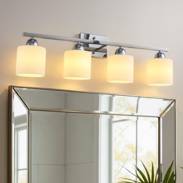 Stainless Steel Milk Glass Vanity Lights, 4 Light Chrome Bathroom Light Fixtures Over Mirror, Ceramic E26 Sockets