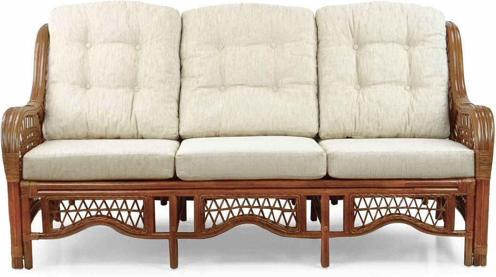 Malibu Lounge Set of 4: 2 Natural Rattan Wicker Chairs, Three-Seater Sofa with Cushions, and Coffee Table with Glass