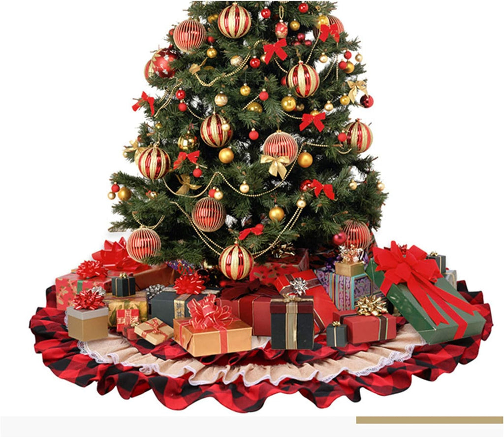 48 Inches Christmas Tree Skirts, Burlap Red and Black Buffalo Check Xmas Tree Base Cover for Xmas New Year Home Party