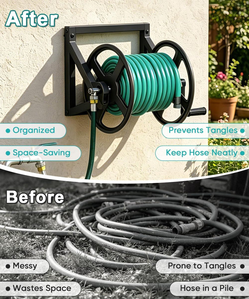 Garden Hose Reel Wall Mounted, Outdoor Heavy Duty Powder Coated Metal Water Hoses Holder Winder Holds 125 ft 5/8"