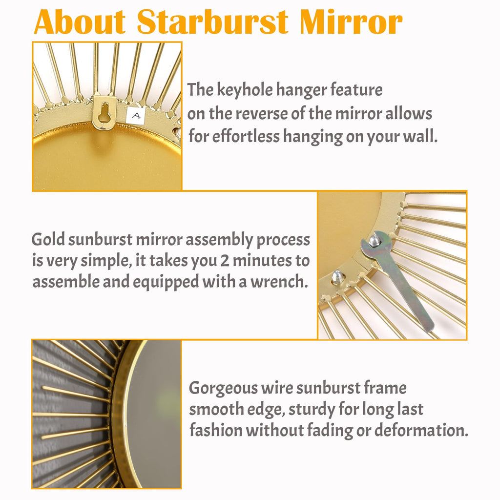24'' Large Gold Sunburst Mirror, Metal Starburst Mirrors, Mid-Century Modern Sun Mirror Wall Decor, and Entryway