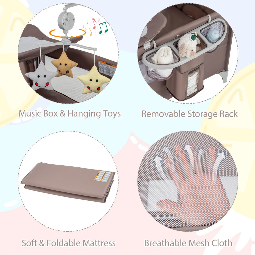 JOY 5-in-1 Play Yard, Portable Baby Bedside Sleeper with Bassinet, U-Shaped Diaper Changer, Safety Strap, Side