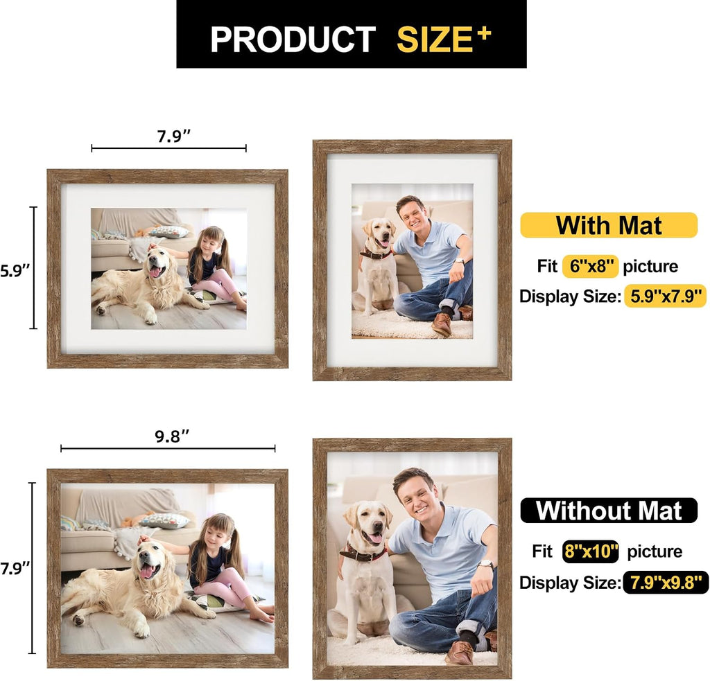 8x10 Picture Frames with 6x8 Mat Set of 6, Rustic Brown | Wood Grain Design, Wall Mounting or Tabletop Display, for