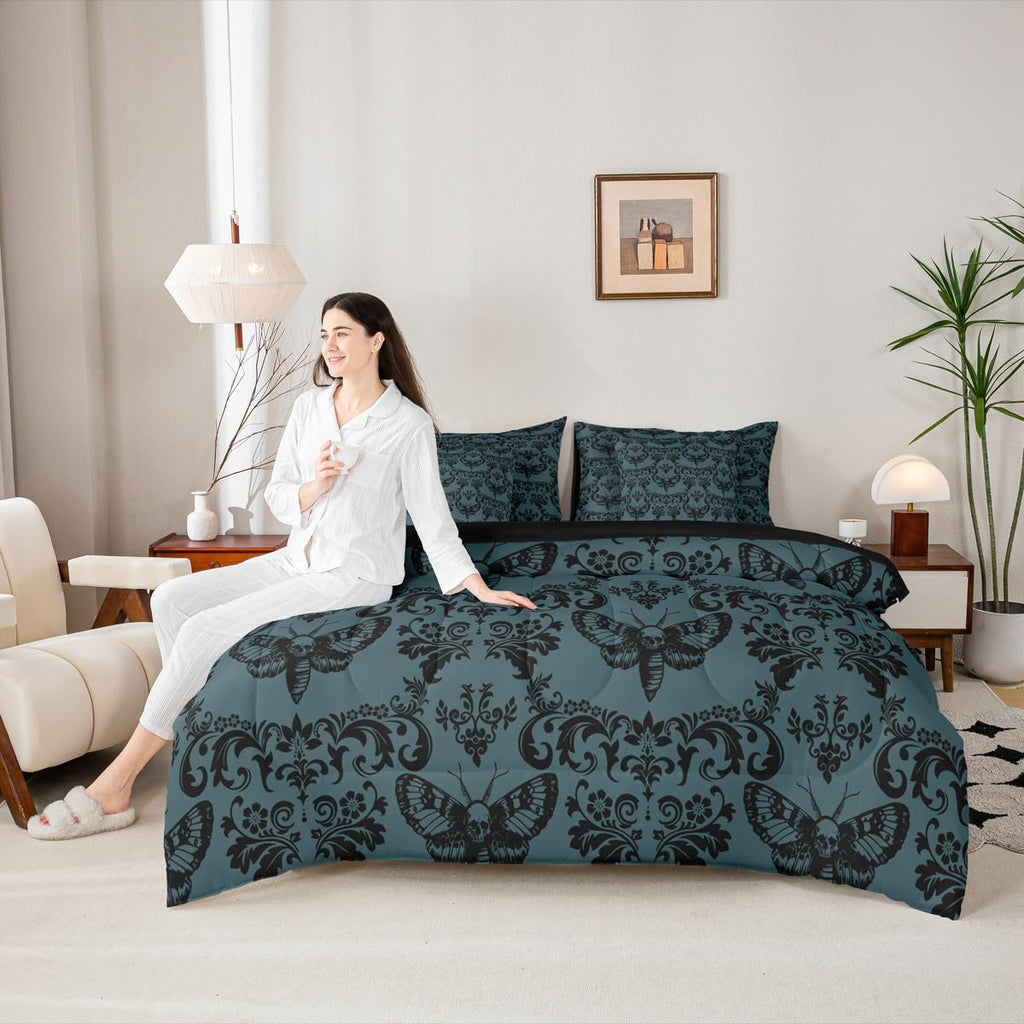 Gothic Bed in A Bag 7 Piece Turquoise Black Moth Goth Queen Comforter Set with Sheets Vintage Damask Boho Bedding