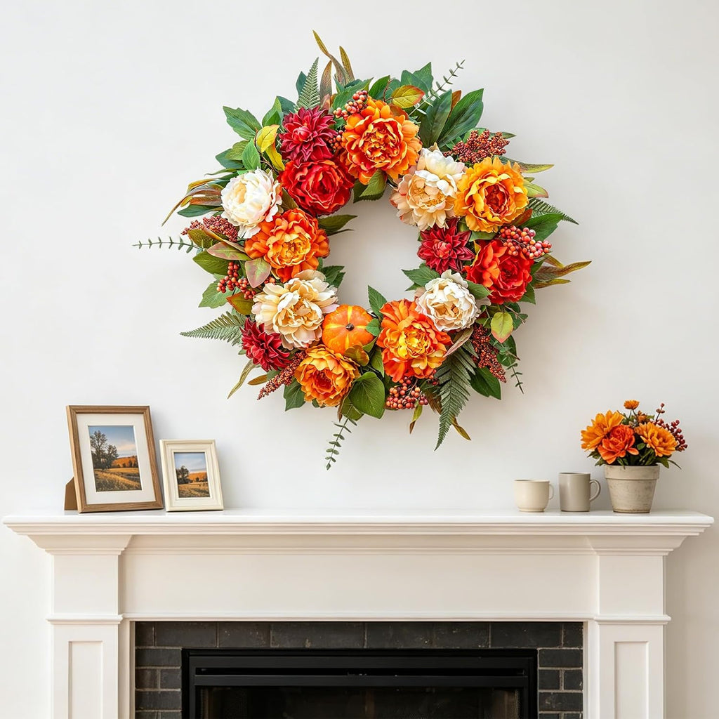 24 InchFall Wreaths for Front Door Autumn Wreath with Peony, Pumpkins