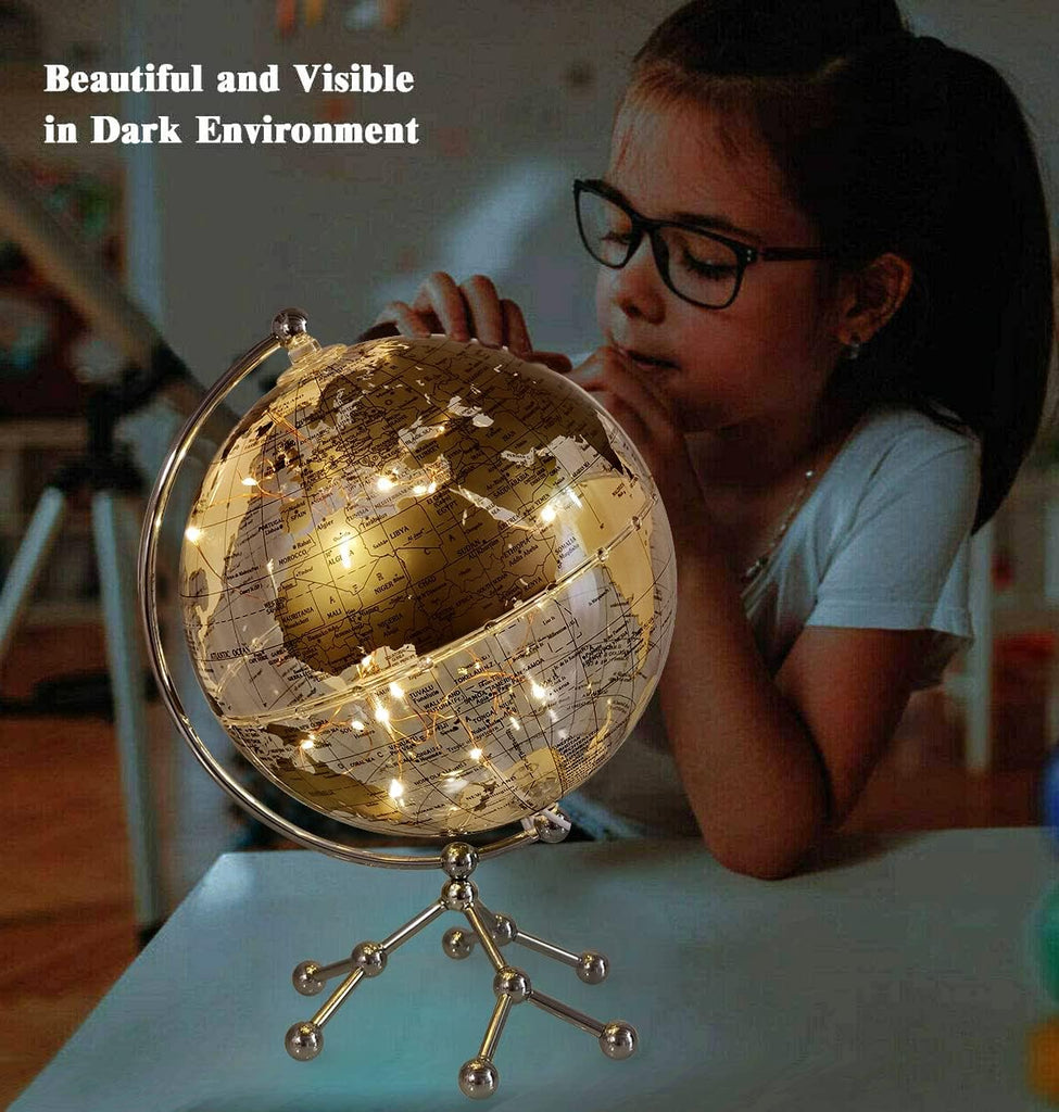8'' World Globe, Clear Metal Globe with Built-in Gypsophila LED Strip Decor, Office Desktop, Study Education