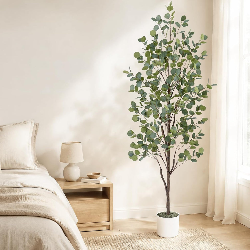 6FT Fake Eucalyptus Tree with Natural Wood Trunk, Artificial Eucalyptus Tree with Planter & Basket, Tall Faux Plant