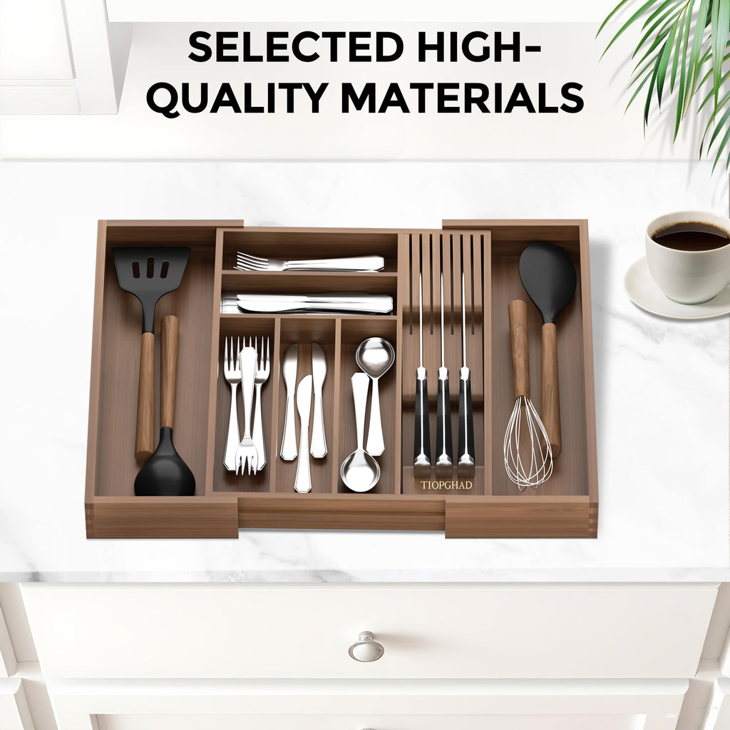 Expandable Bamboo Silverware Organizer with Knife Block, Brown