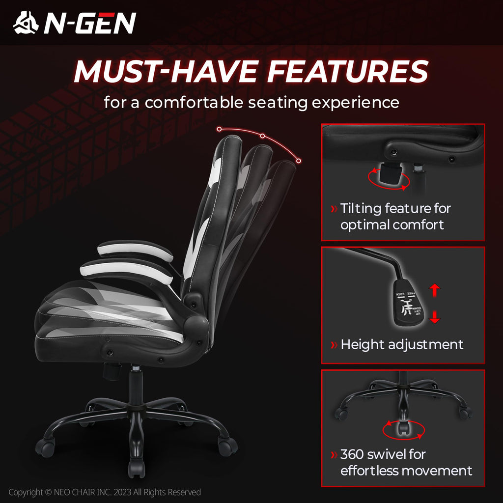Gaming Chair, Lumbar, PU Leather, Flip-Up Arms, White
