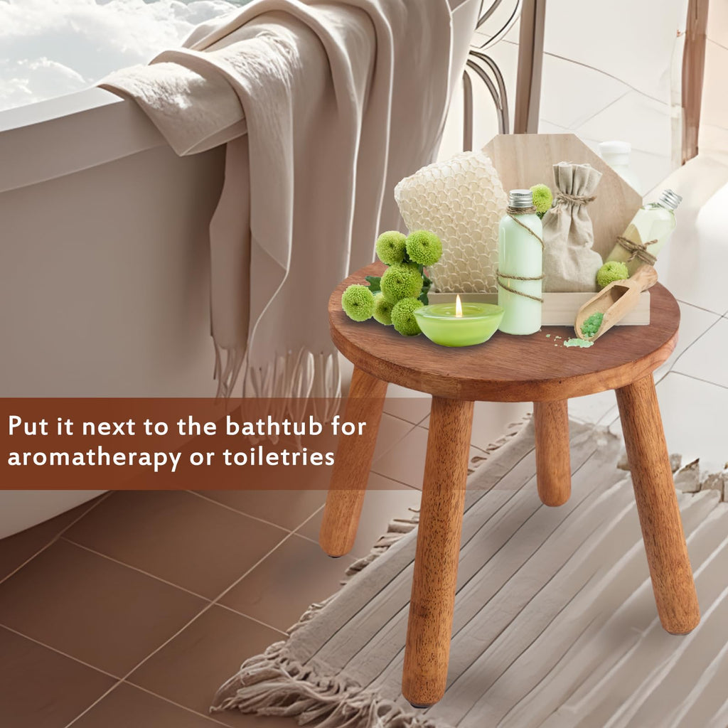 Round Solid Wooden Stool, Plant Stand, Step Stool, Walnut, 11.8" H