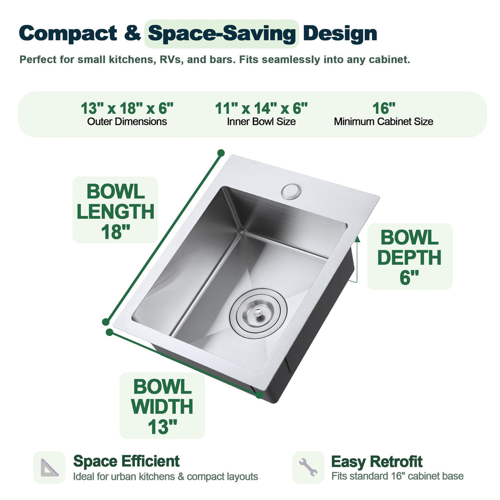 13 x 18 inch Bar Sink, Drop-in Tight Radius Brushed Stainless Steel Topmount Kitchen Sink Single Bowl