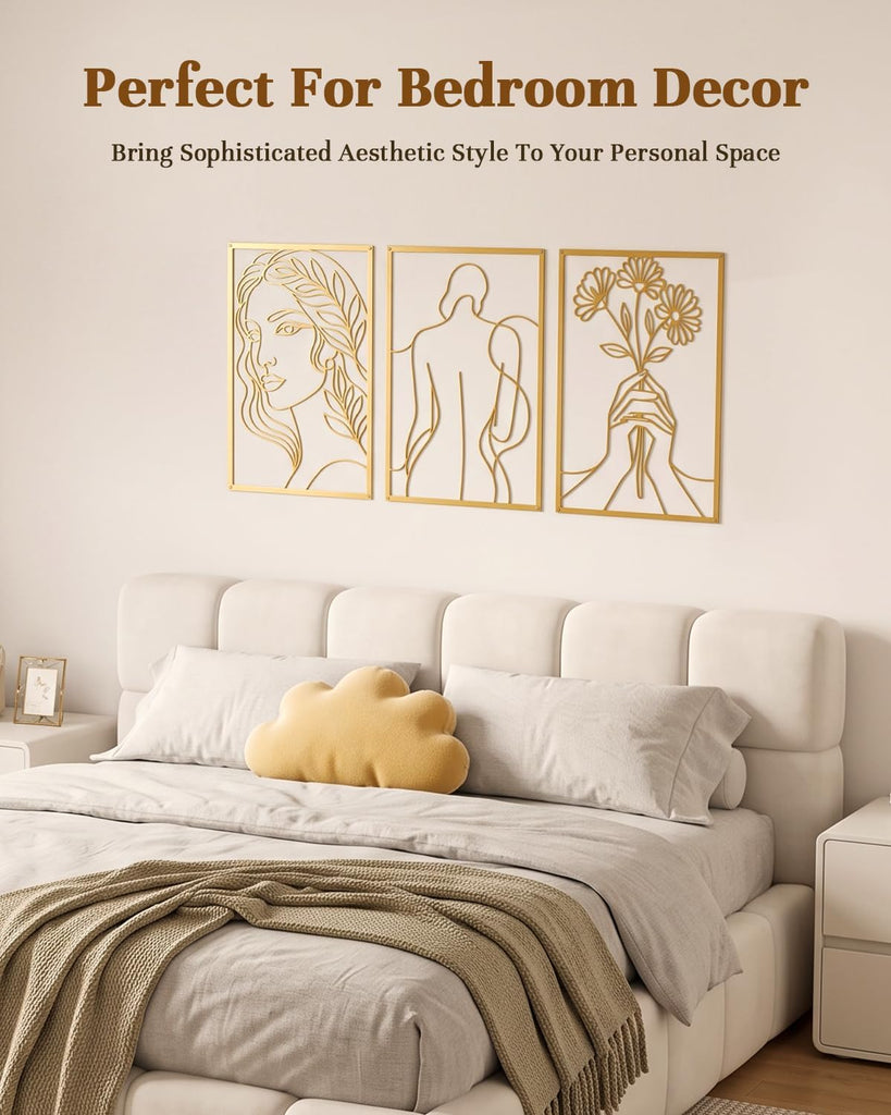 Golden Metal Wall Art Set, Woman Line Art & Floral Wall Decor - Set of 3