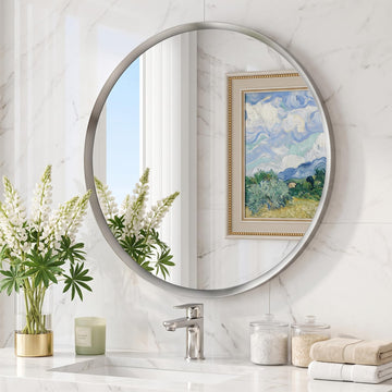 36 inch Brushed Nickel Round Mirror, Large Sliver Circle Mirror