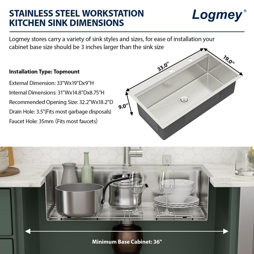 33x19 Drop Sink 33 Inch Stainless Steel Workstation Sinks 16 Gauge Topmount Ledge Single Bowl Overmount
