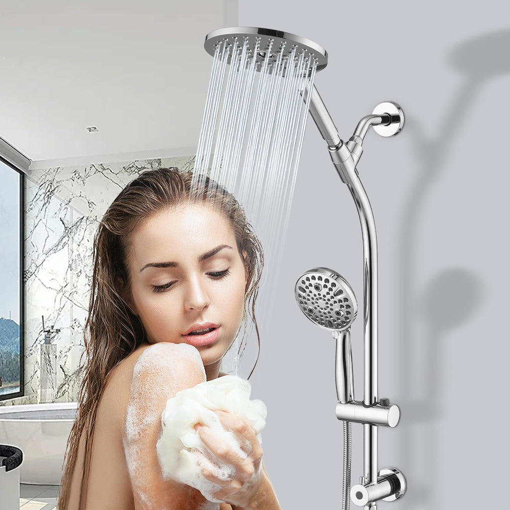 High Pressure Shower Head with Handheld Shower, 26" Adjustable Height Drill-Free Slide Bar, 3-Way Diverter for Easy