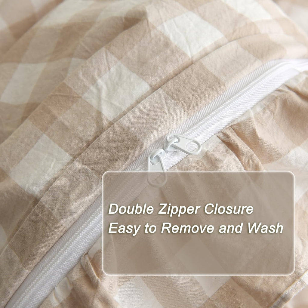 Tan Gingham Plaid Ruffle 3-Piece Duvet Cover Set