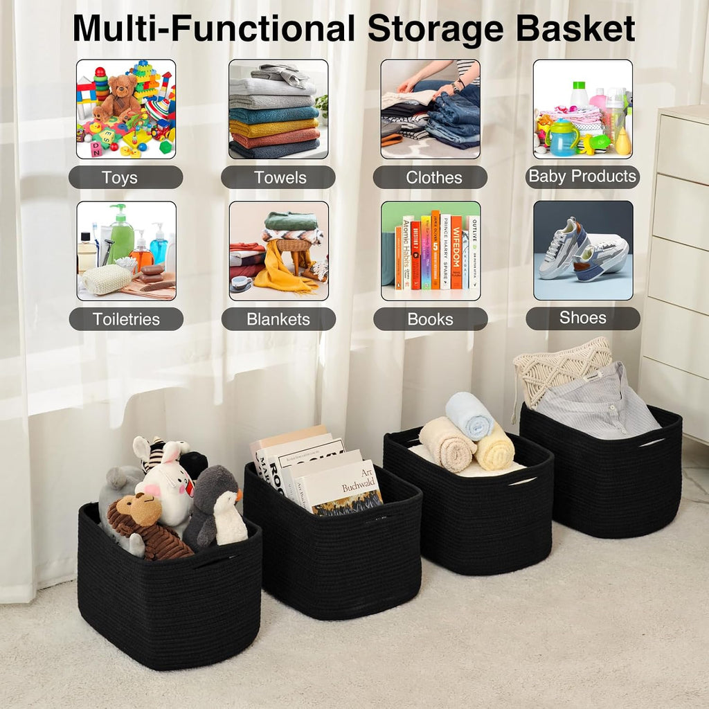 Storage Baskets for Organizing & Shelves, Woven Cotton Rope Organization Bins for Dog Toys, Clothes, Books, Nursery