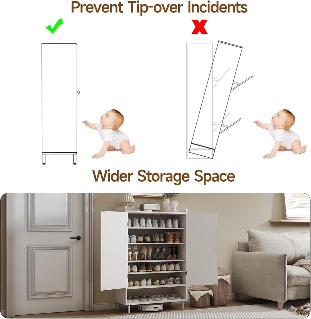 Shoe Cabinet with Cross Molding Doors, 6-Tier Shoe Storage(White)