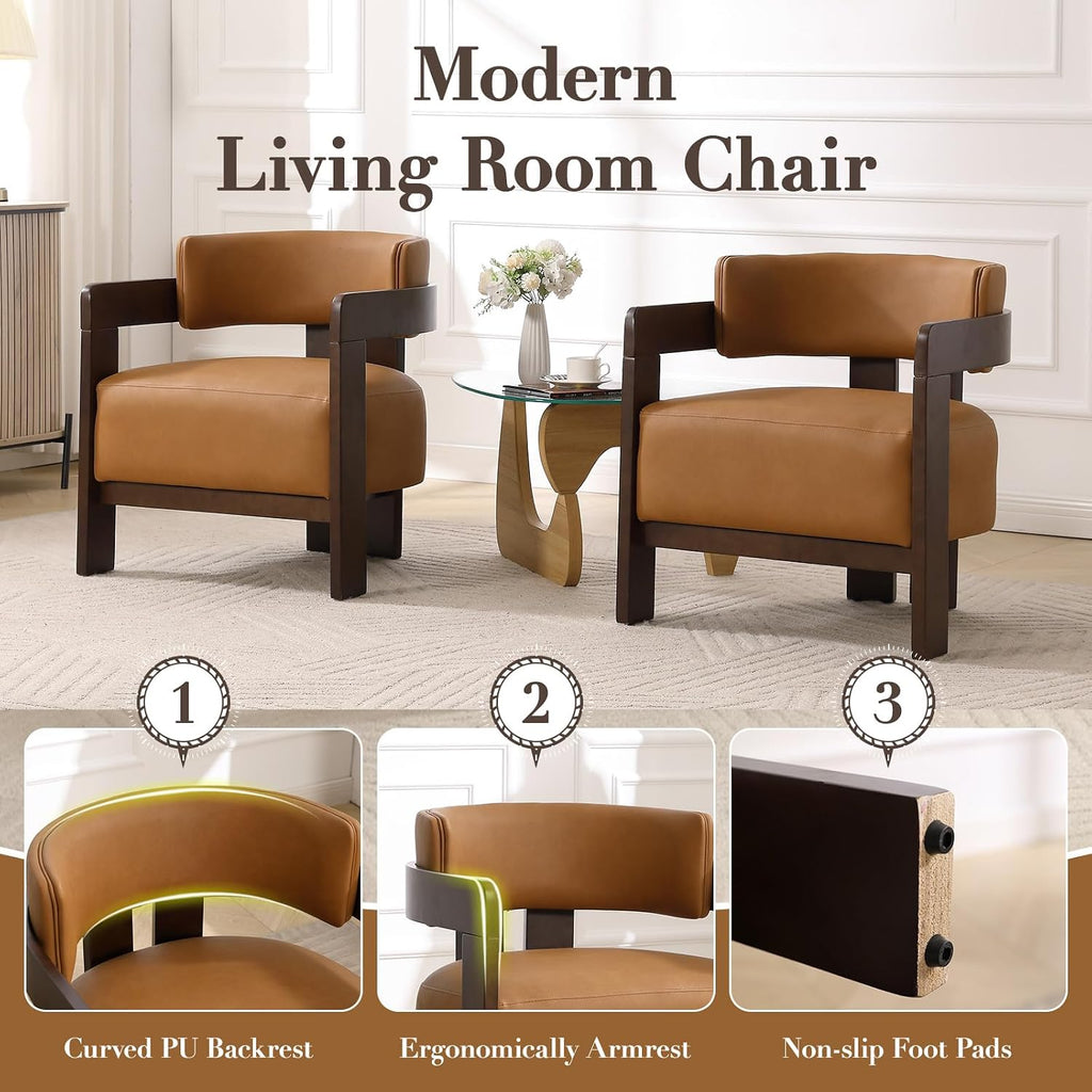 Modern Accent Chair, Upholstered Guest Chair Barrel Chairs PU Leather Side Chair with Wooden Legs Armrest - Set of 2